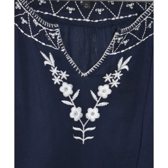 TALBOTS 1X Cotton Navy Blue White Embroidery 3/4 Sleeves Gauze Peasant Boho Top - Picture 9 of 16